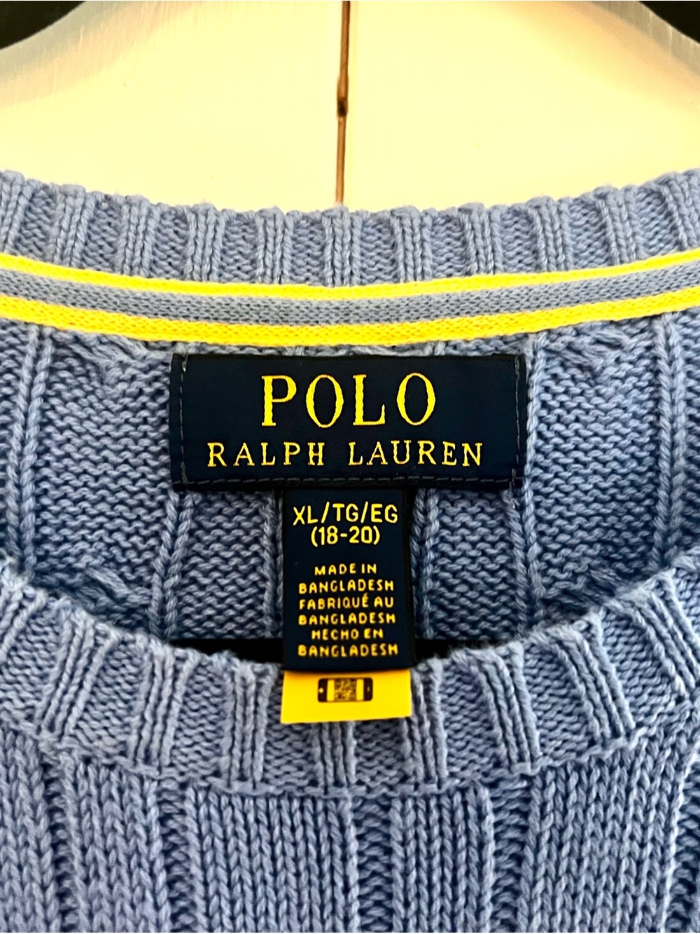 Polo Ralph Lauren Blue Cableknit Sweater Yellow Pony Boys 18-20 or Women S/M 40” - Picture 5 of 8